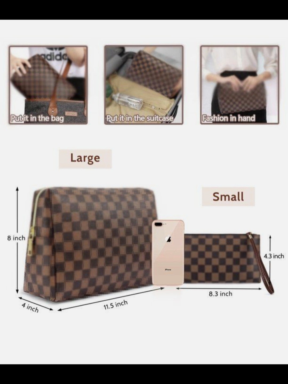 Brown Checkered Cosmetic Pouch Set with Wristlet - Picture 7 of 10